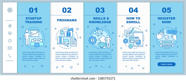 Startup education onboarding mobile web pages vector template. Coaching. Responsive smartphone website interface idea with linear illustrations. Webpage walkthrough step screens. Color concept