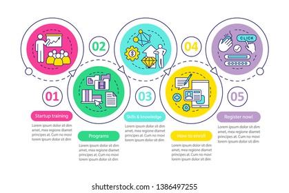 Startup education vector infographic template. Business presentation design elements. Data visualization with five steps and options. Process timeline chart. Workflow layout with linear icons