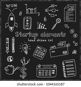 Startup elements hand drawn doodle set. Sketches. Vector illustration for design and packages product. Symbol collection.