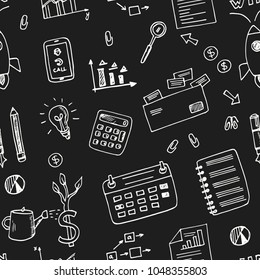 Startup elements hand drawn doodle seamless pattern. Sketches. Vector illustration for design and packages product. Symbol collection.