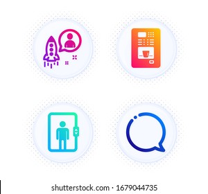 Startup, Elevator and Coffee vending icons simple set. Button with halftone dots. Speech bubble sign. Developer, Office transportation, Coffee vending machine. Chat message. Business set. Vector