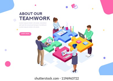 Startup employees. Goal thinking, infographic of puzzle. Cooperation construction by agency group to create a team. Concept for webdesign. White isolated concept with characters flat isometric Vector - Shutterstock ID 1196963722