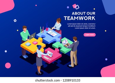 Startup employees. Goal thinking, infographic of puzzle. Cooperation construction by agency group to create a team. Concept for webdesign. White isolated concept with characters flat isometric Vector