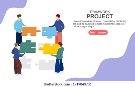 Startup employees. Goal thinking, infographic of puzzle. Cooperation construction by agency group to create a team. Concept for webdesign.