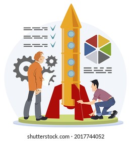 Trabajo en equipo de los empleados de inicio. Escenas humanas con nave espacial para lanzar nuevos negocios. Ilustración concepto de desarrollo, innovación, estrategia de marketing y crecimiento de ideas. 