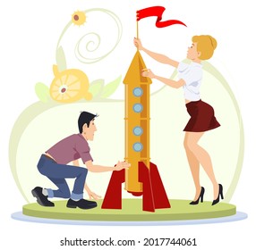 Trabajo en equipo de los empleados de inicio. Escenas humanas con nave espacial para lanzar nuevos negocios. Ilustración concepto de desarrollo, innovación, estrategia de marketing y crecimiento de ideas. 