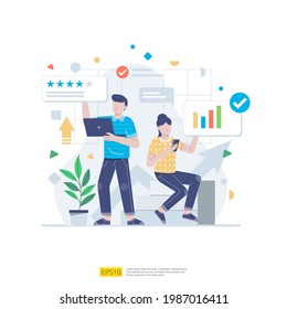 Startup employees teamwork. men and women scenes at office working and make some planning. Business concept illustration of brainstorming, meeting, negotiation, talking to each other