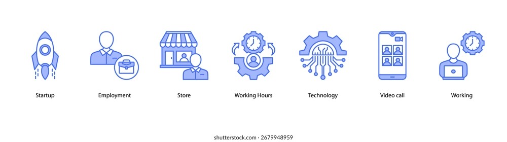 Ilustración vectorial de Anuncio de Web de Startups y Empleo que incluye Startups, Empleo, Tienda, Horas de Trabajo, Tecnología Video, Llamada y Trabajo.