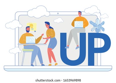 Startup Entrepreneurs, Coworkers Working on Company Development, Profit Increase and Progress. Men and Women Cartoon Characters Sharing Creative Ideas, Working Process. Flat Vector Illustration.