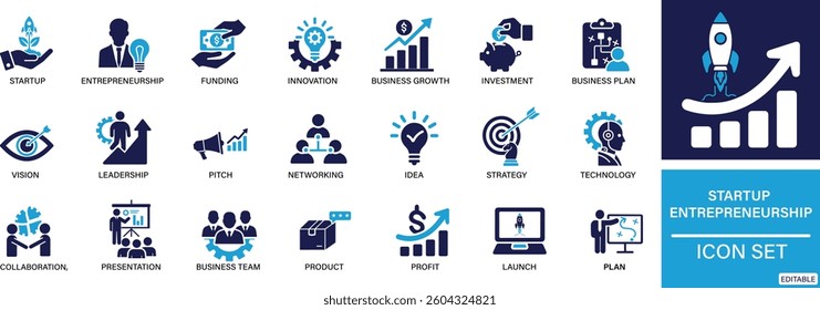 Startup Entrepreneurship icon set Business Growth, Investment, Business Plan, Vision .You can easily change the color