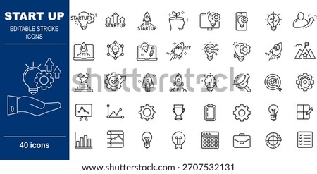 Startup and Entrepreneurship Vector Icons. Set of 40 editable stroke symbols for business innovation, growth, and venture funding. Includes lightbulb ideas and rocket launch