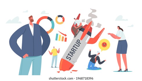 Startup Fail, Business Failure, Crash. Businesspeople Stand at Burning Crashed Start up Rocket. Spaceship Fall Down. Unhappy People Sad about Launching Not Working Project. Cartoon Vector Illustration