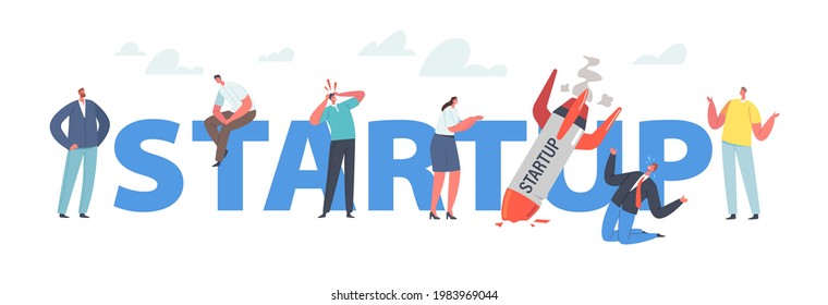 Startup Fail, Business Failure, Crash Concept. Businesspeople Characters Stand at Burning Start up Rocket. People Sad about Not Working Project. Poster, Banner or Flyer. Cartoon Vector Illustration
