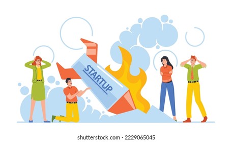 Startup Fail, Business Failure, Spaceship Crash Concept. Businesspeople Stand at Burning Crashed Start up Rocket. Unhappy People Sad about Launching Not Working Project. Cartoon Vector Illustration