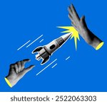 Startup Failed. Rocket ship crash. Modern collage with halftone hands and rocket. Business failure concept. Cut out newspaper elements