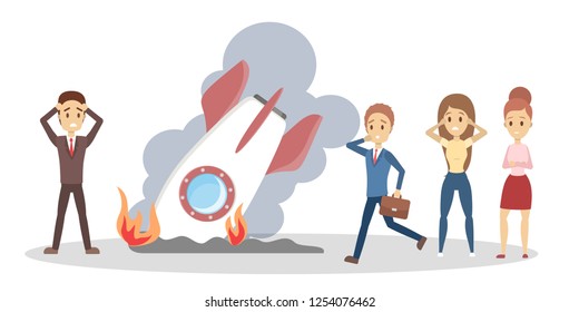 Startup failure concept. Idea of business problem and stress. Crisis and bankrupt. Broken rocket as a metaphor. Isolated flat vector illustration