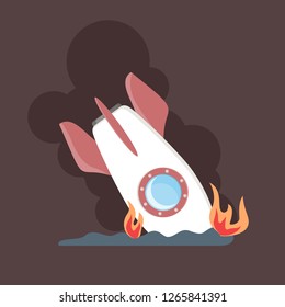 Startup failure concept. Idea of business problem and stress. Crisis and bankrupt. Broken rocket as a metaphor. Isolated flat vector illustration