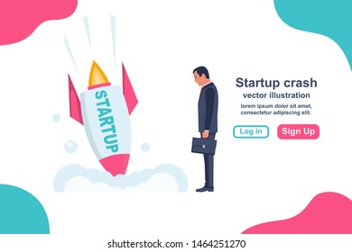 Startup failure. Crash startup project. Template for the development of web and mobile sites. Sad businessman is standing near a fallen rocket. landing page not working project.