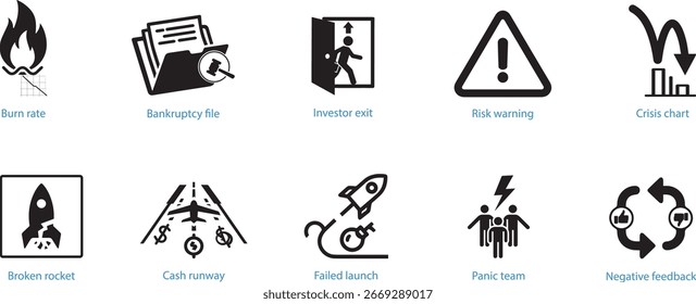 Fracaso de startups e íconos de riesgo que representan desafíos de negocios, declive del crecimiento y problemas de seguridad Vector