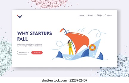 Startup Fall Landing Page Template. Hopeless Businesswoman Drown in Ocean. Business Character Shipwreck on Paper Boat. Business Woman Stuck, Struggle With Problem. Cartoon People Vector Illustration