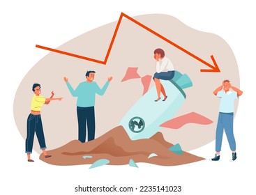 Startup financial failure, vector illustration, finance crisis graph with arrow down, sad flat woman character sit at broken rocket, angry team worker