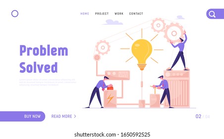 Startup Financial Idea Realization, Searching Solution Website Landing Page. Businesspeople Launch Lamp Pushing Lever Arm and Button in Gear Mechanism Web Page Banner. Cartoon Flat Vector Illustration
