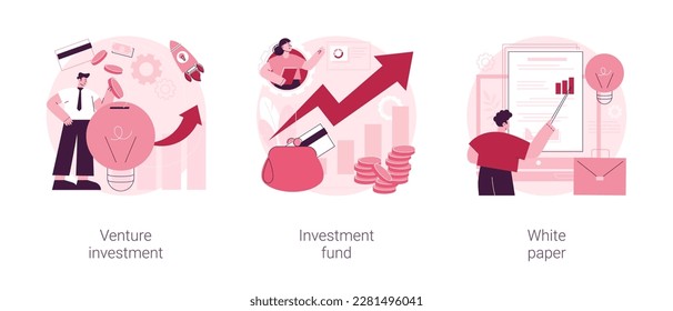 Startup financing abstract concept vector illustration set. Venture investment, hedge fund, white paper, angel investor, business growth strategy, new product launch, ICO abstract metaphor.