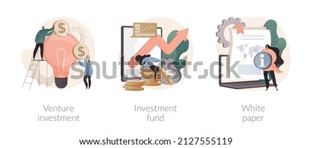 Vector Startup financing abstract concept vector illustration set. Venture investment, hedge fund, white paper, angel investor, business growth strategy, new product launch, ICO abstract metaphor.