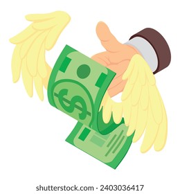 Startup financing icon isometric vector. Hand with thumb up and dollar with wing. Project financing, crowdfunding