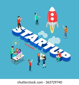 Startup flat 3d isometric style technology business concept web infographics vector illustration. Team working on spaceship launch start up and big word. Creative people collection.