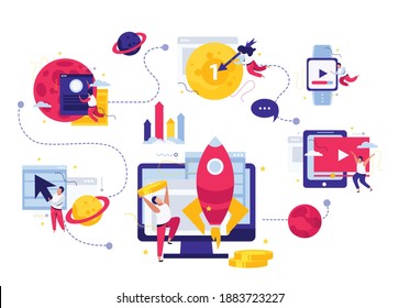 Startup flat composition with flowchart of target icons with planets rockets and infographic elements with people vector illustration