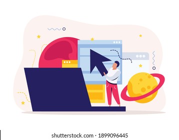 Startup flat composition with human character holding big cursor pointer and computer windows laptop and planets vector illustration