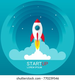 Startup - flat design. Rocket launch and smoke. Startup project concept.  Vector illustration. EPS10