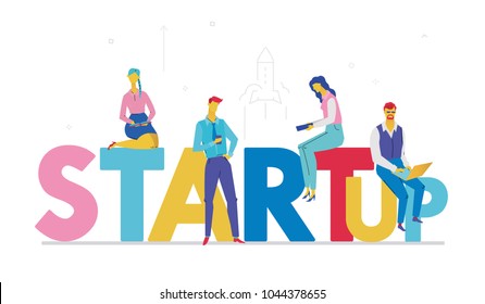 Startup - flat design style colorful illustration on white background with bright creative headline. A composition with cute characters, young businessmen working together in a team