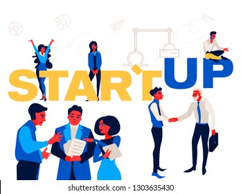 Startup - flat design style colorful illustration on white background. A composition with cute characters, office workers or businessmen searching for ideas and working together in a team.