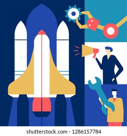 Startup - flat design style conceptual illustration. Unusual composition with male, female colleagues launching the project, images of mechanic arm, wrench, megaphone. New business, innovation concept