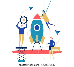 Startup - flat design style conceptual colorful illustration on white background. A composition with male, female colleagues, business team launching the project, images of gear, paper planes, comment