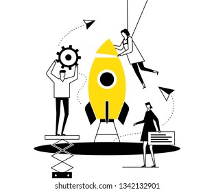 Startup - flat design style conceptual vector illustration. Black, yellow and white composition with male, female colleagues, business team launching the project, images of gear, paper planes, comment