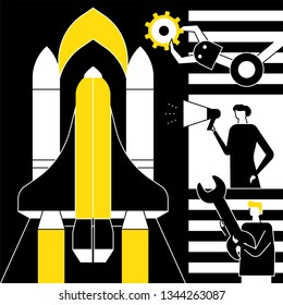 Startup - flat design style conceptual vector illustration. Black, yellow and white composition with male, female colleagues launching the project, mechanic arm, wrench, megaphone. Innovation concept