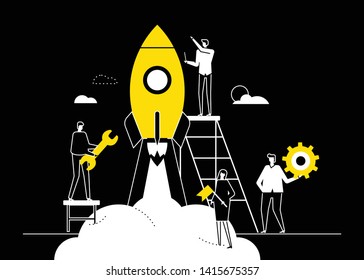 Startup - flat design style conceptual vector illustration. Black, yellow and white composition with male, female colleagues, business team launching the project, preparing rocket for a flight