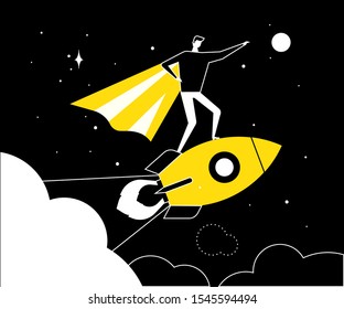 Startup - flat design style conceptual vector illustration. Black, yellow and white composition with businessman in superhero costume, standing on rocket. New business, motivation, career growth theme