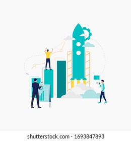 Startup flat icon. Speaker, presentation, team, rocket. Business concept. Can be used for topics like investment, new idea, launching project