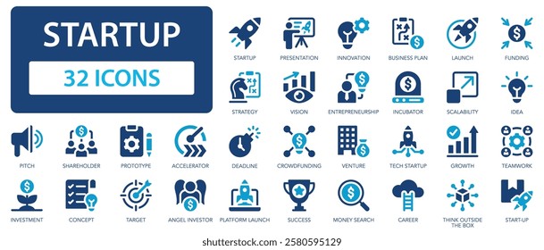 Startup flat icons collection. Project, startup, presentation, innovation, business plan, launch, idea, growth, career, pitch sign set.