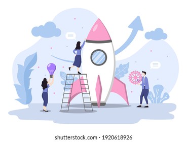 Ilustración plana de inicio del proceso de desarrollo de negocios, producto de innovación y idea creativa.