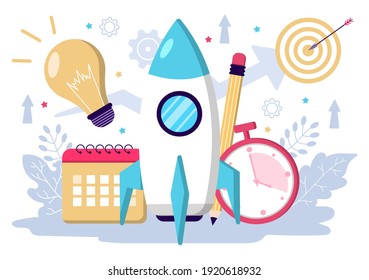 Ilustración plana de inicio del proceso de desarrollo de negocios, producto de innovación y idea creativa.