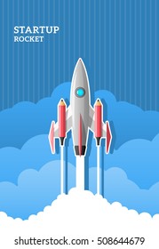 Startup flat illustration. Space rocket launch with pencils 