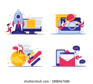 Startup flat set of four isolated compositions with flying people in zero gravity planets and rocket vector illustration