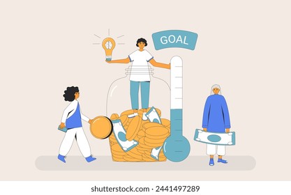 Startup founder pitching event. Sponsors and entrepreneur. Fundraising goal concept. People with thermometer and moneybox. Venture capital investments. Crowdfunding metaphor. Vector illustration.
