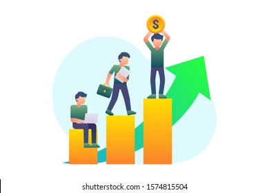 A Startup Founder Reaches The Pinnacle Of Success And Stands On The Highest Bar Chart With The Green Arrow Background Pointing Up Vector Illustration Background