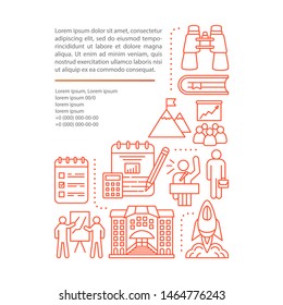 Startup, fresh business development camp article page vector template. Brochure, magazine, booklet design element with linear icons and text boxes. Print design. Concept illustrations with text space 